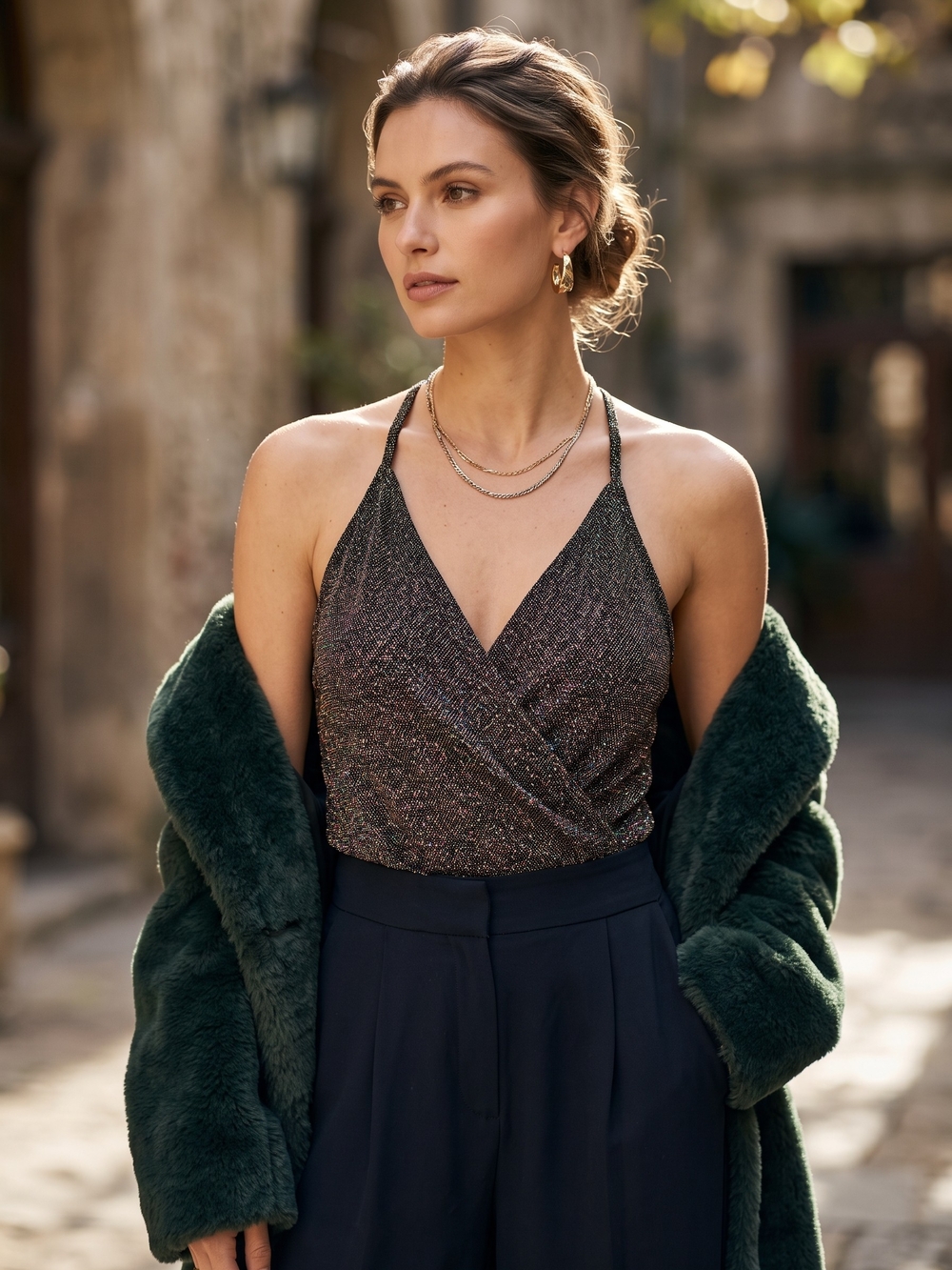Anthropologie eri + ali Metallic Shimmer Halter Top Surplice Party Glam NYE